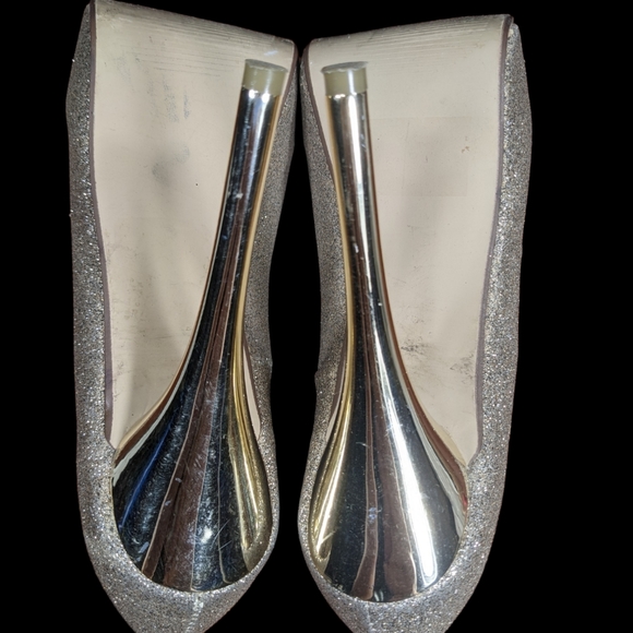 Stiletto Platform Heels Sz 8.5 Gold Glitter Slip-on Peep Toe Pump Hollywood Glam - Picture 4 of 16